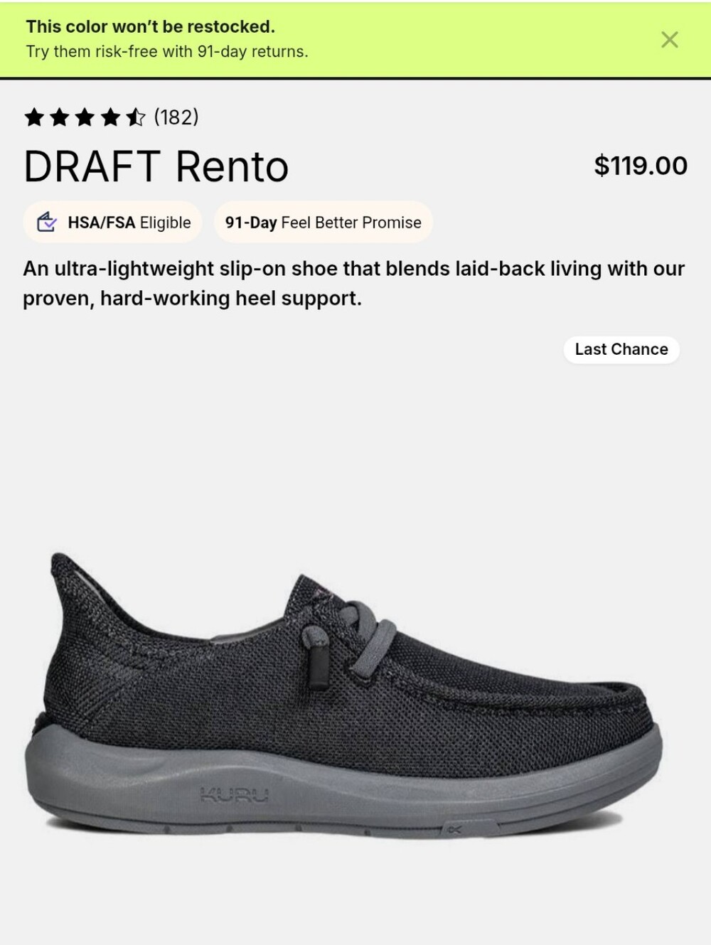 KURU DRAFT Rento Slip-On Shoe - Black & Gray